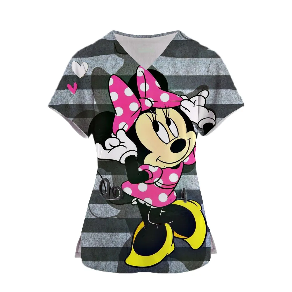 Disney Nurse Uniform Cute Minnie Print Short Sleeve V Neck Mickey