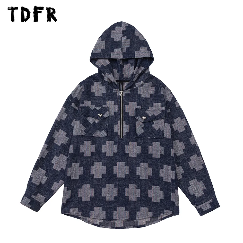 

Patchwork Cargo Hooded Jacket Mens Curved Hem Autumn Winter Pocket Loose Half Zipper Long Sleeve Outerwear Men