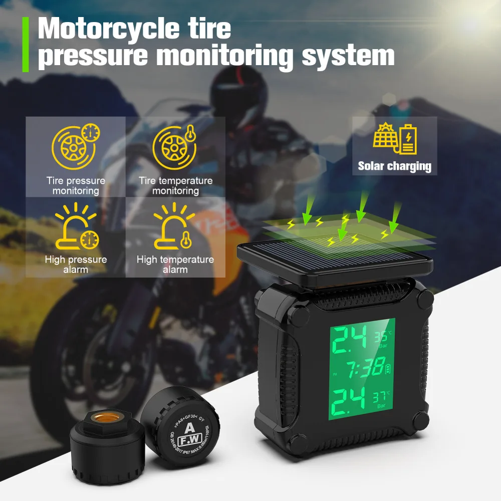 

Motorcycles Tire Pressure Monitoring System LCD Backlight Colorful Display Wireless TPMS Solar Cigarette Lighter Socket Charge