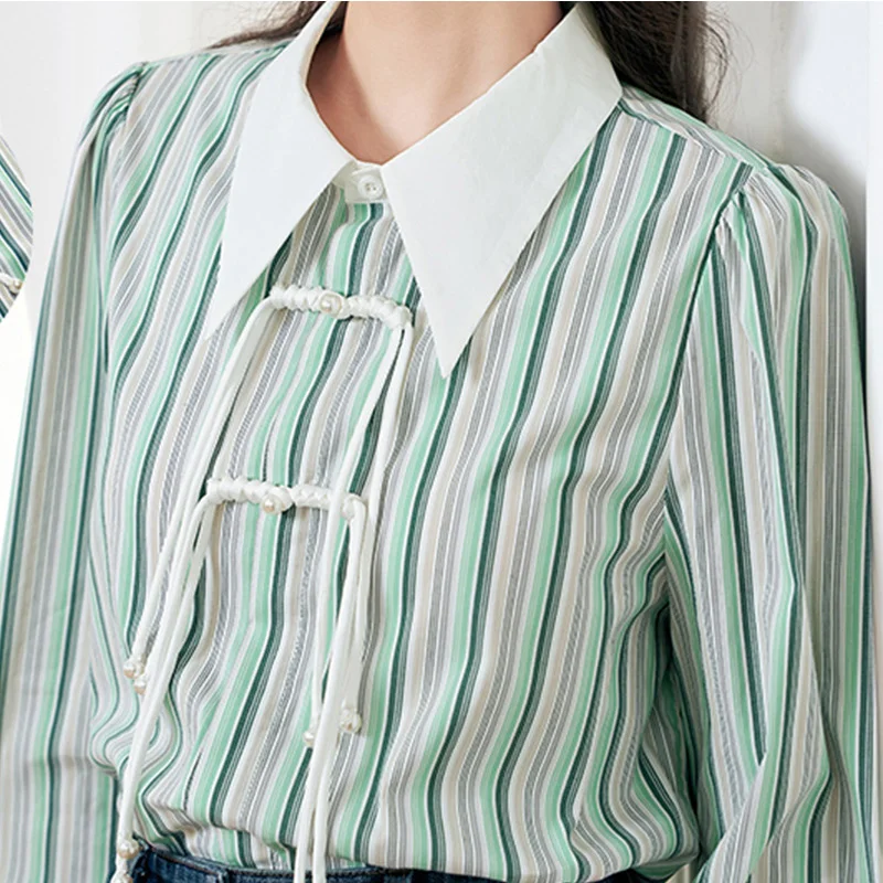 2024 New Summer Loose Casual Korean Style Office Lady Women's Shirt Retro Striped Knitting Button Shirt Collar Long Sleeve Tops