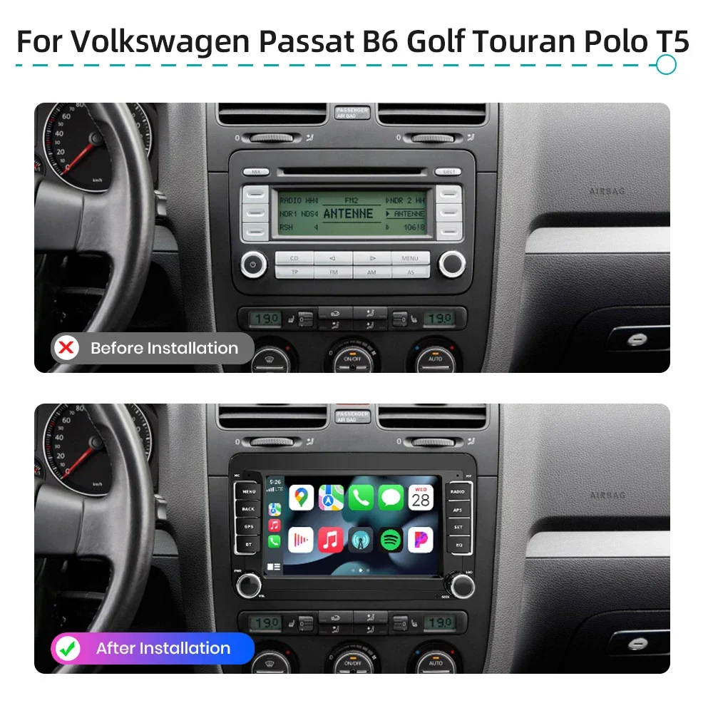 Autoradio Android 14.0 con CarPlay, GPS, Navigazione, 4G, WiFi, Bluetooth, RDS Stereo per Volkswagen Passat B6, Golf, Touran, Polo, Skoda, Seat - immagine 2