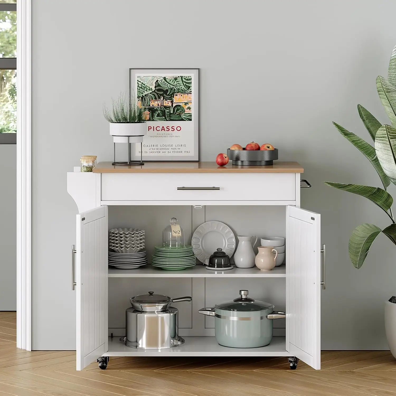 Storage Island, Wooden Rolling Kitchen Island On Wheels with Wood Top, Mobile Kitchen Island Cart with Towel Rack, Spice