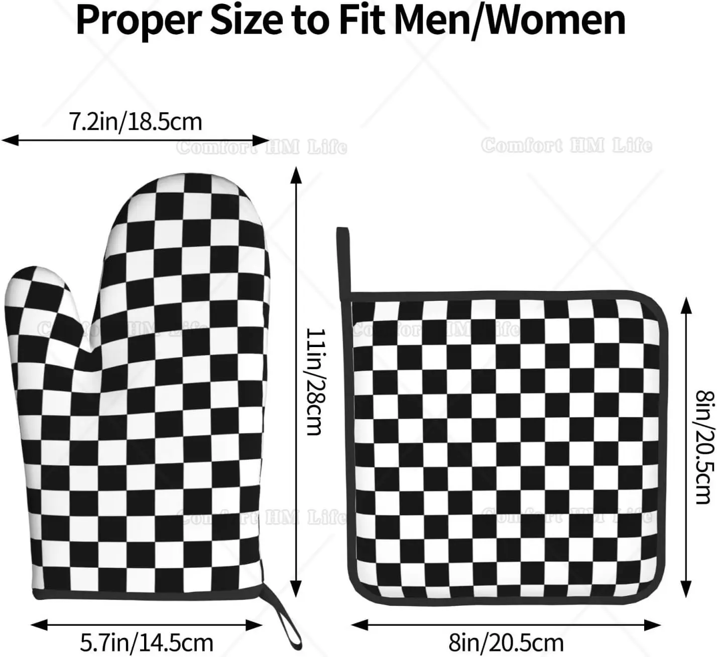 Oven Mitt and Pot Holders 2 Piece Set Black and White Checkered Racing Waterproof BBQ Gloves for Kitchen Cooking Baking