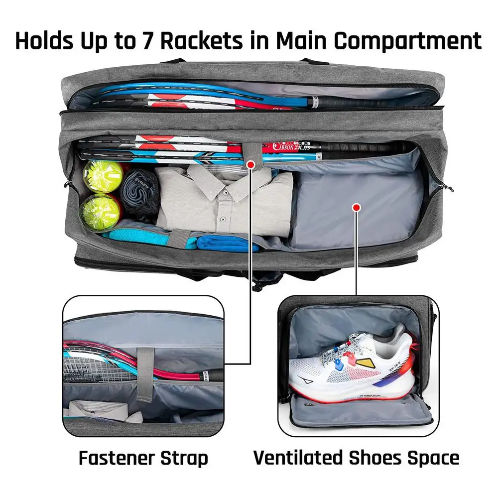 Tennis bag showing separate shoe compartment