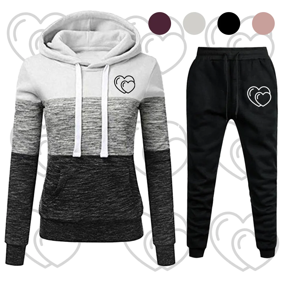 

Women Long Sleeve Fashion Loose Straight Fleece Hoodies 2 Piece Set Clothing Casual Patchwork Female Tracksuit