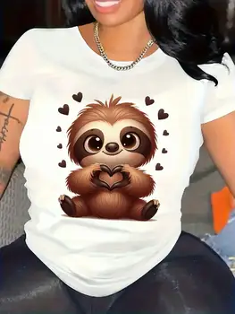 Women'S Cute Sloth Graphic T-Shirt Soft Everyday Tee with Black Sloth Hearts Design Crew Neck Top Summer Comfortable Clothes 1