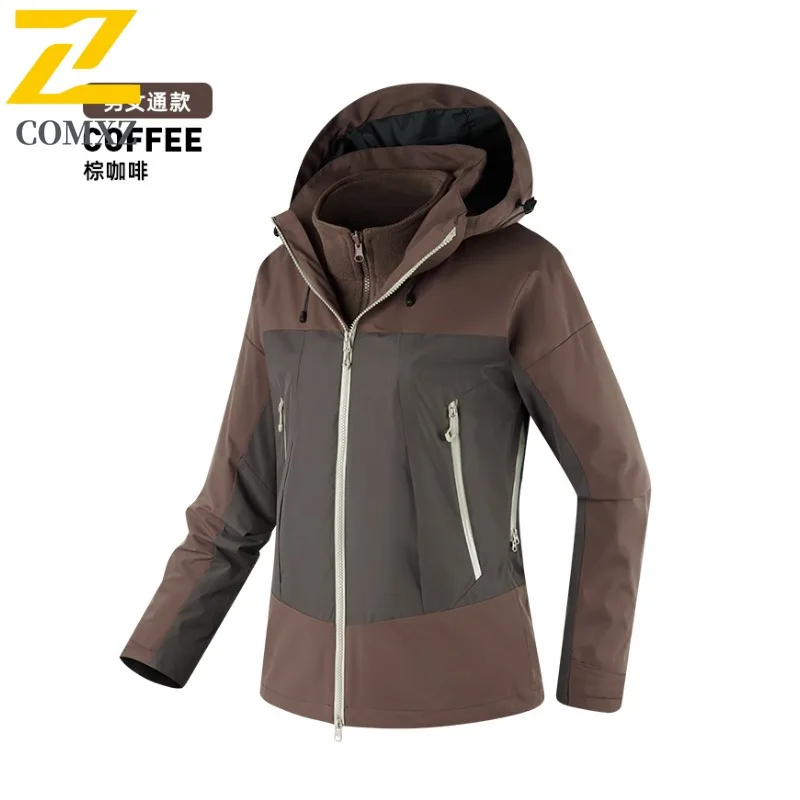 COMXZ Men Biker Jacket Warm Solid Color Multi-Pocket Outdoor Hunting Travel Coat 3 in 1 Work Minimalist Wear Resistant Outerwear