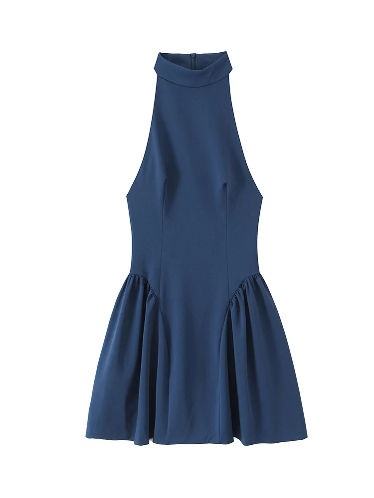 New Women Sexy Sleeveless Short Dress Fashion Solid Color A Line Hem Ruffle Halter Mini Dress Female Chic Zipper Party Clothing