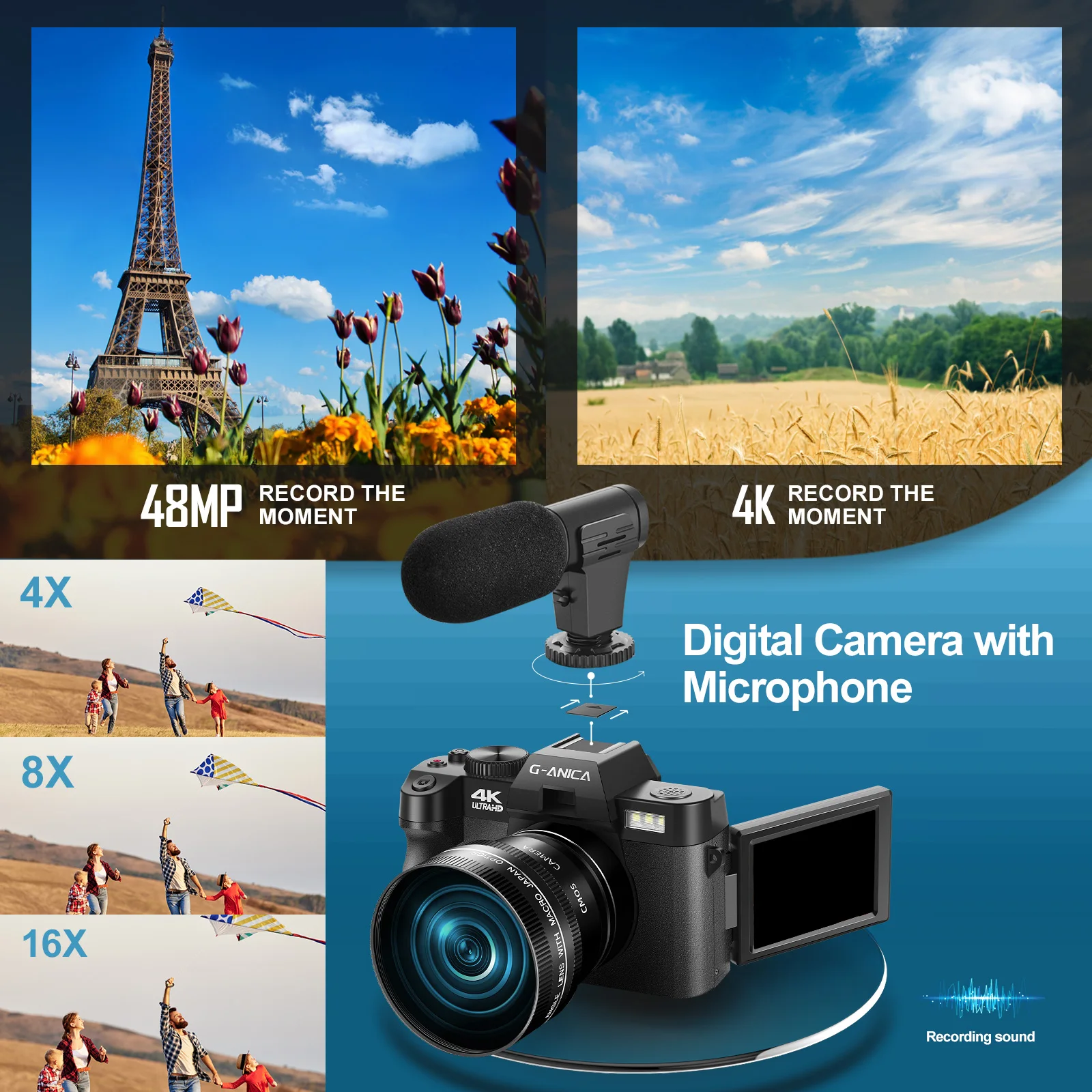 NBD 4K Digital Camera for Photography 48MP Vlogging Camera for Youtube with Microphone WiFi 3-Color Filter and Tripod Grip