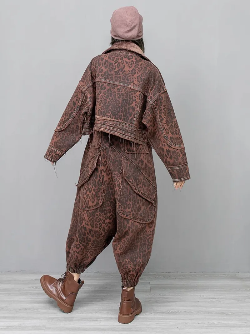 Cool Personality Fashionable Fleece-Lined Leopard Print Denim Jacket Strap Pants Two-Pieces Women's Winter New Loose Casual Suit