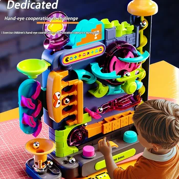 Educational Montessori Toy Multi-Layer Track Adventure Game Rail Rolling Ball Model Interactive Brain for Children Kids Fluorescent red 1