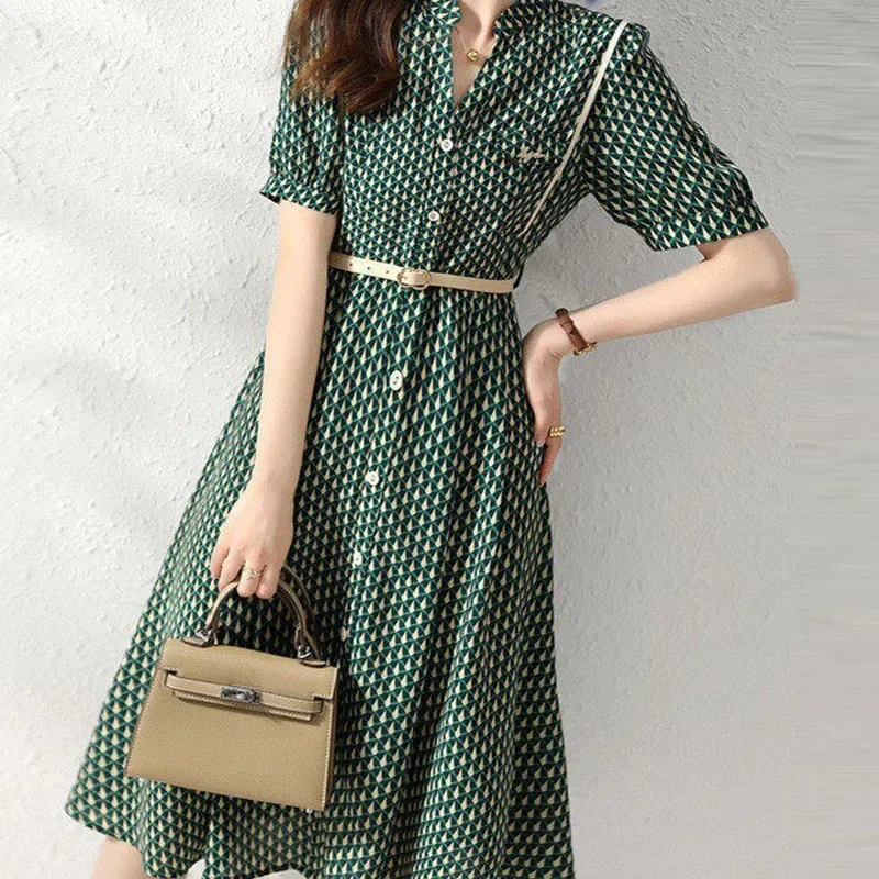 Summer-Fashion-Korean-Elegant-Simple-Print-Belt-Short-Sleeve-Tunic ...