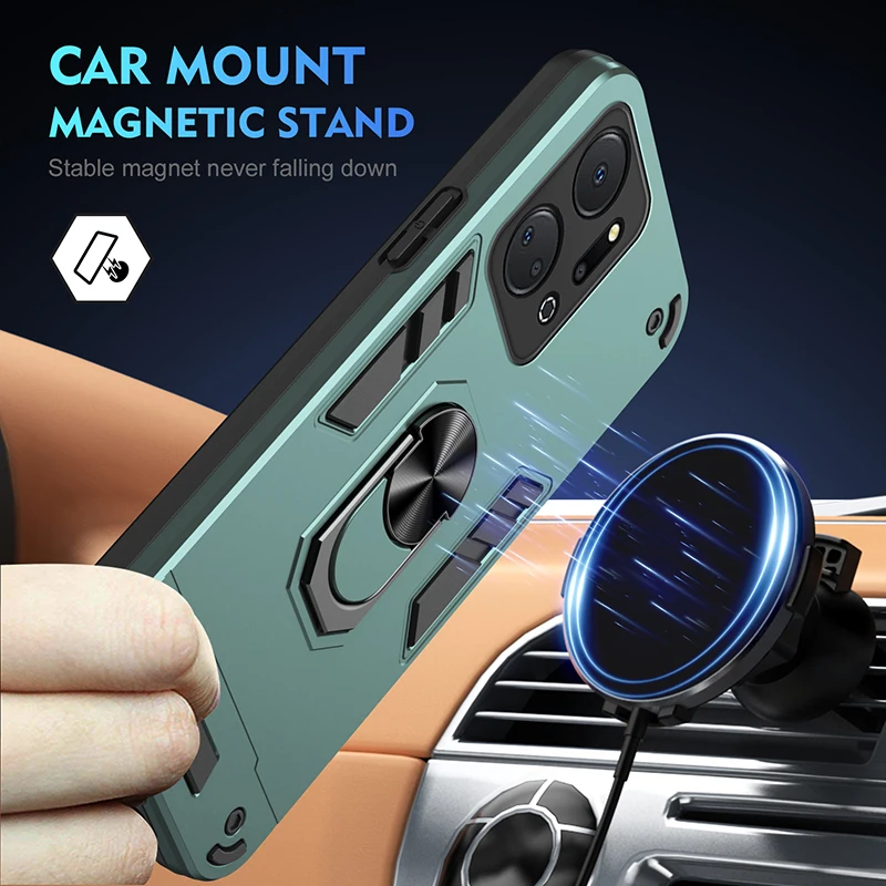 Shockproof Armor Case with Car Magnetic Ring Stand and Hard Back Phone Cover