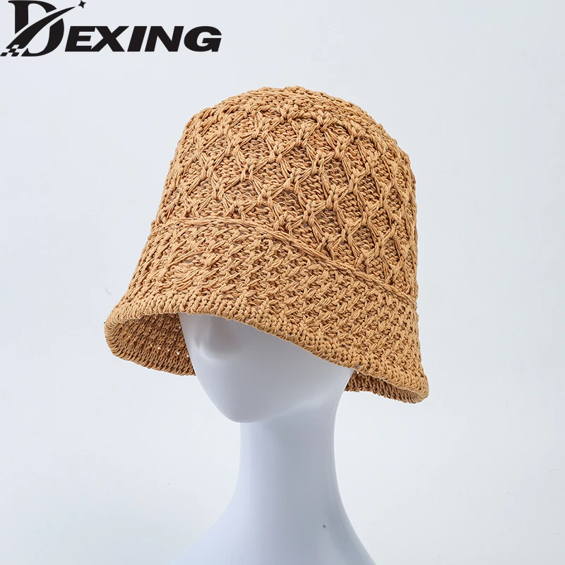 Breathable Crochet Soid  Bucket Hat Sunscreen Beach Hat  Straw Hat Women's Summer Fisherman Hat  Designer buckethat