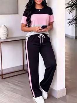 Spring/summer women's new round neck striped color-block short-sleeve T-shirt paired with casual daily elastic waist drawstring color-block pants two-piece set, fashionable color-blocked pocket casual home set