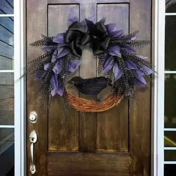 New Halloween Bow Crow Wreath Door Hanging Horror Party Decoration Artificial Vine Simulation Wreath Pendant Home Decoration 2