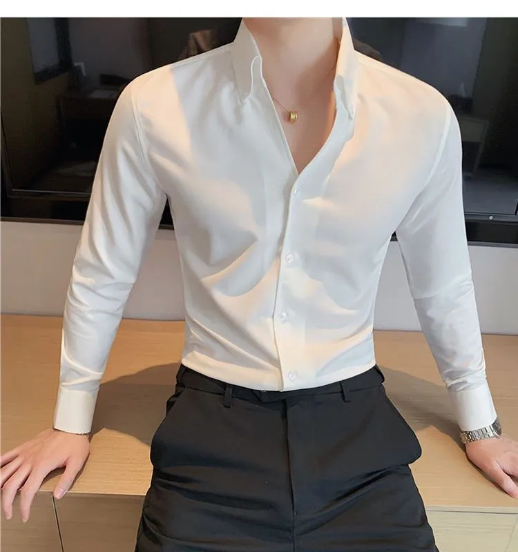 Summer Korean Men Slim Long Sleeve Shirt Business Casual Shirt Breathable Men's Lapel Polo Shirt