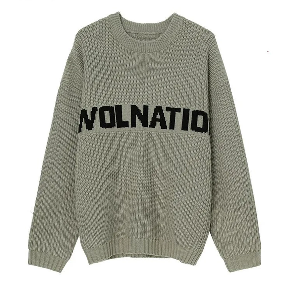 Mens Harajuku letter jacquard crew neck sweater autumn and winter new casual loose streetwear versatile knitted pullover