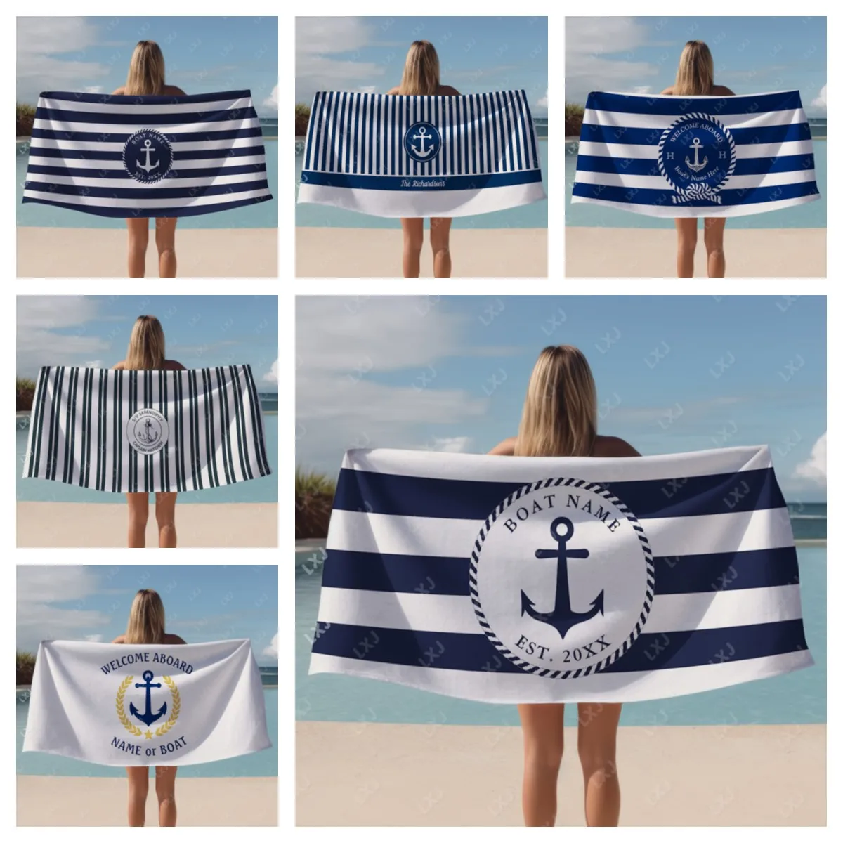 Personalized Boat Name Nautical Striped Bath Towel for Adults for Travel and Pool
