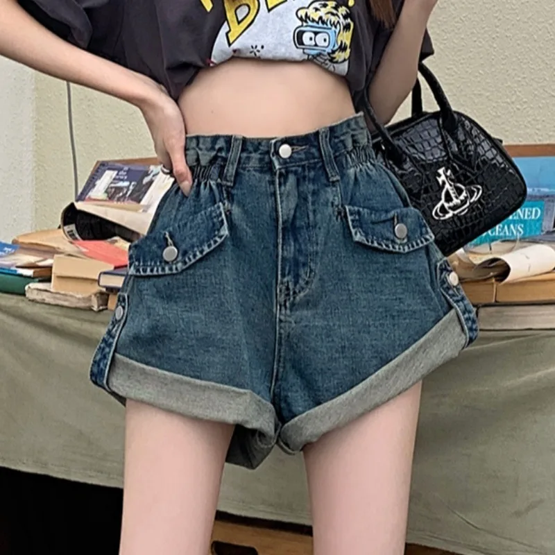 Summer explosion high -waisted jeans workers shorts 2023 new hot girls are thin rolled edge A -line wide -leg hot pants