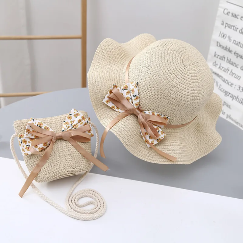 Fashion Style Kids Hat for Girls 2-7Y Straw Children's SunshadeCap Bag Summer Baby Travel Sunscreen Beach HatSun Fisherman Cap