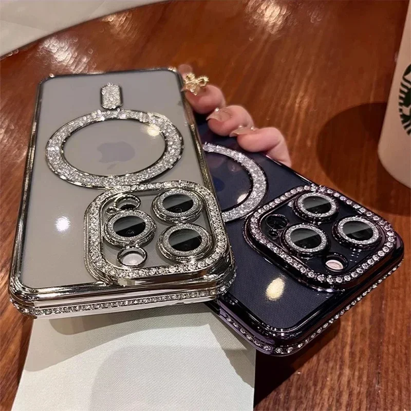 Sparkling Diamond Glitter Phone Case with Magnetic Wireless Charging Compatibility & Transparent Design