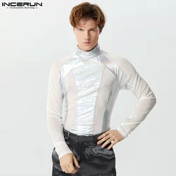2024 Men's Bodysuits Mesh Patchwork Turtleneck Long Sleeve Male Rompers Streetwear Transparent Fitness Fashion Bodysuit INCERUN