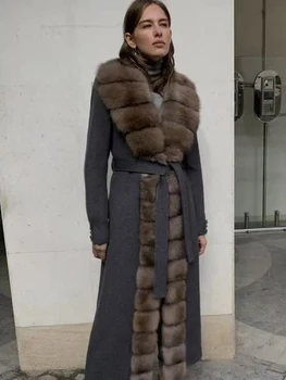 Janveny Grande Pelliccia di Volpe Naturale Autunno Inverno Giacca di Lana di Cashmere Donna 2025 Nuovo Cappotto di Lana Femminile con Cintura Outwear 1
