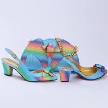  African Hot Selling Fashion Synthetic Flash Material Style Elegant Gold Color Ladies Shoes and Bag Set for Party Wedding 