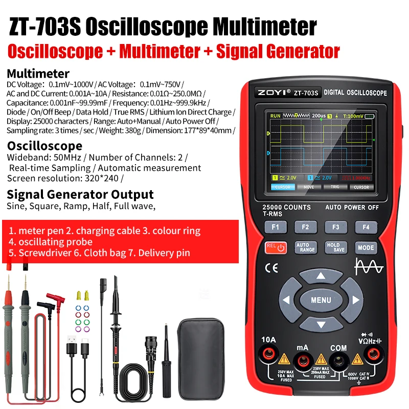 3in1 ZT703S Digital Oscilloscope Multimeter 50MHz Bandwidth 280MS Rate PC Waveform Data Storage Dual Signal Generator Tester 4