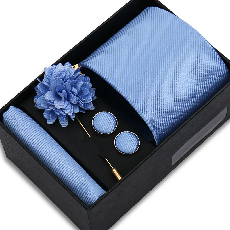 Top Quality Solid color Ties Hanky Cufflinks Brooch Set Elegant Jacquard Necktie For Men Business Wedding In Gift Box Gravatas - Image 11