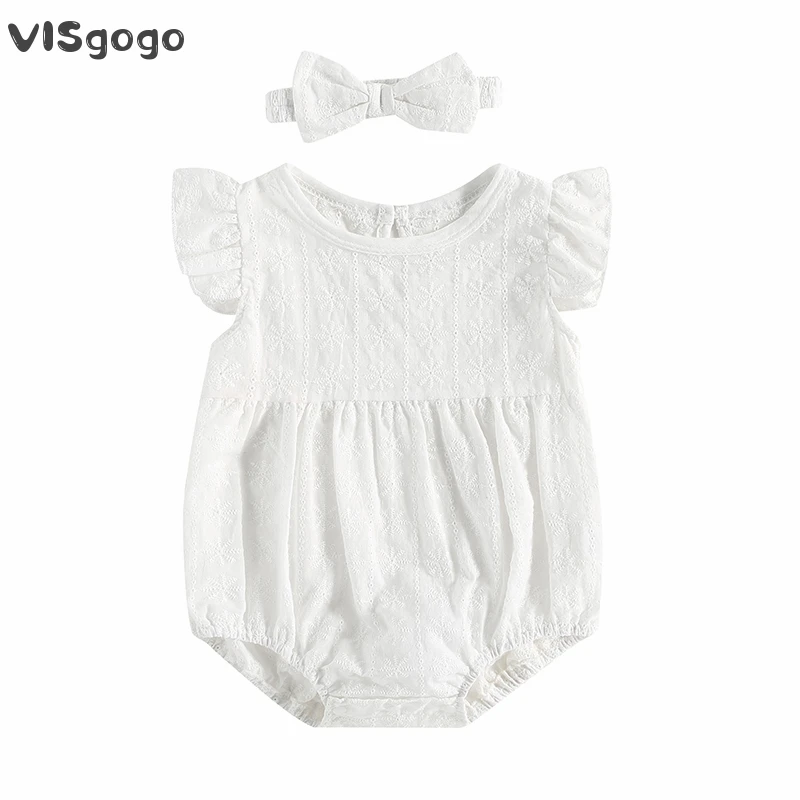

VISgogo Baby Girl Summer Clothing White Romper Ruffle Sleeveless Floral Embroidery Hollow Rompers Casual Tops Headband Outfit