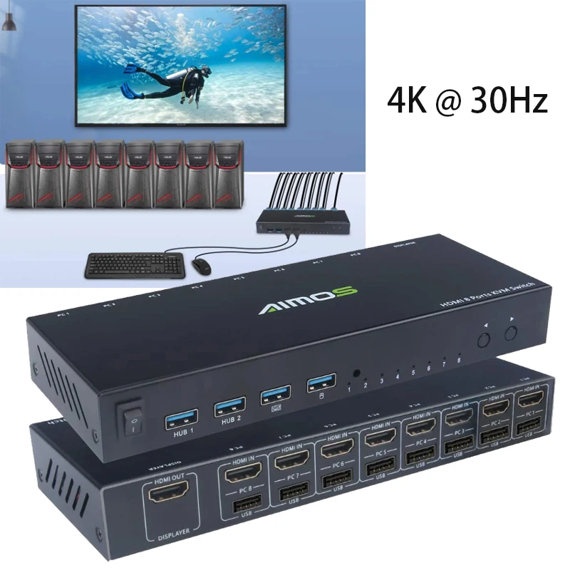 

8 in 1 HDMI-compatible KVM Switch USB TO HDMI-compatible Game Adapter USB HUB Multi-function USB Internet Splitter Switch 4K30Hz