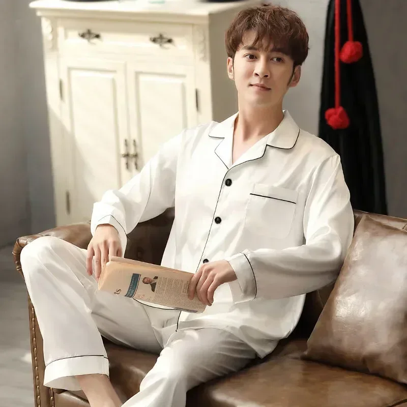 

Sleeve Male Men Satin Casual Soft Man Sets Pajama Wear Loungewear Silk Home Long Big Sleepwear For Pyjama Size Fashion New