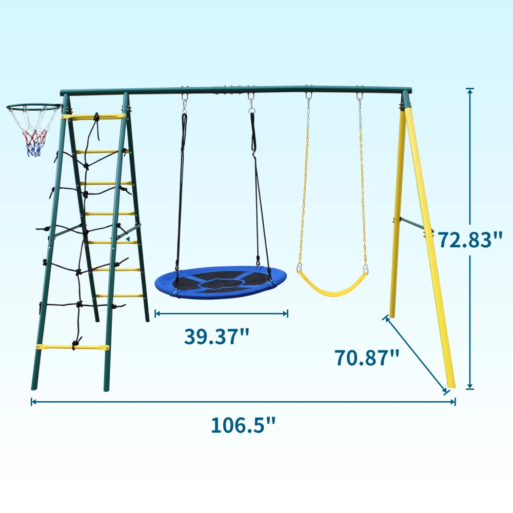 Swing Set for Kids Outdoor Backyard Playground Swing Set with Ladder and Basketball Hoop 2
