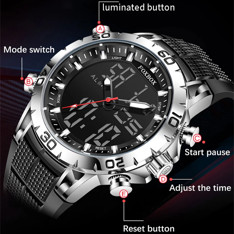 FOXBOX Luxury Dual Display Men Watches Waterproof Sports Watch Military Man Alarm Stopwatch Quartz Wristwatch Male Digital Clock