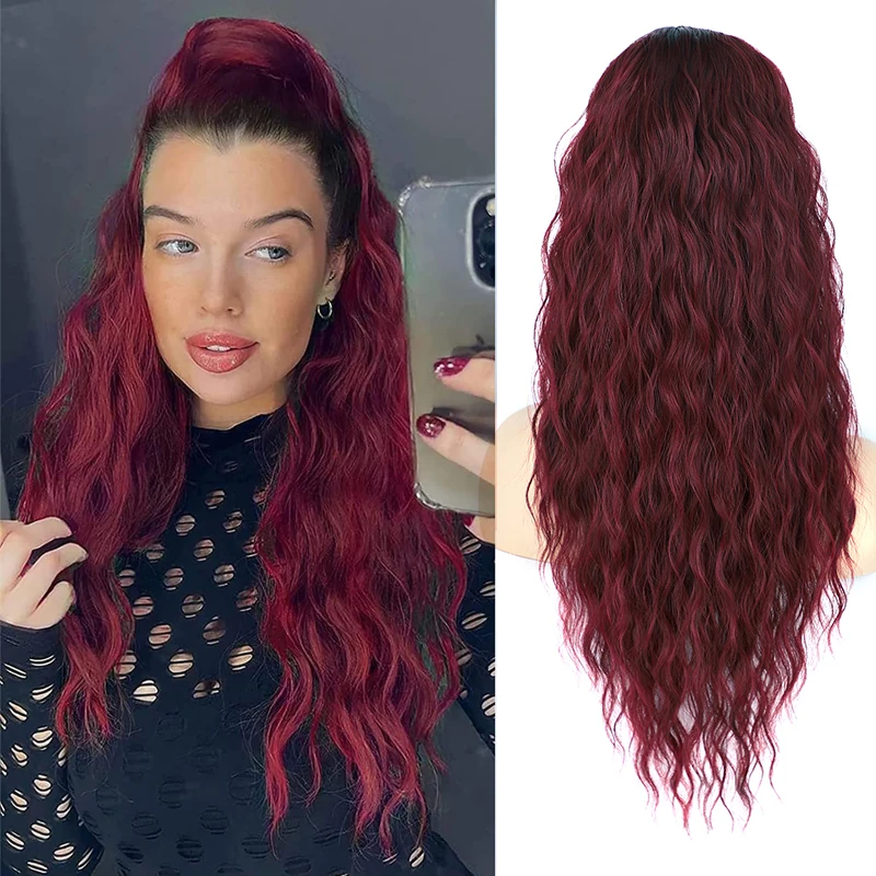 

26Inch Wavy Drawstring Ponytail Extensions Long Curly Pony Tail Hair for Women Burgundy Synthetic Water Wave Hairpiece Fake Tail