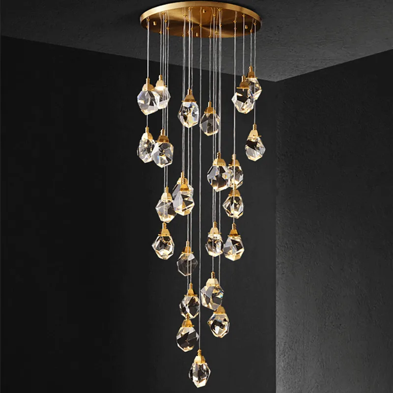 

Modern Crystal Chandelier Lighting LED Dimmable Cut Prism Clear Crystal Pendant Chandelier Brass Hanging Staircase Light Fixture