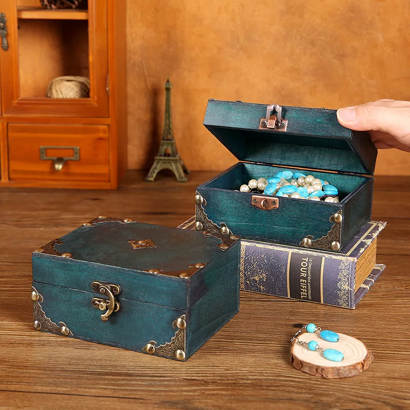 Vintage Wooden Storage Box Small Wooden Storage Chest Trunk Pirate Treasure Chest With Lock Trinket  Jewelry Necklace Decor Box