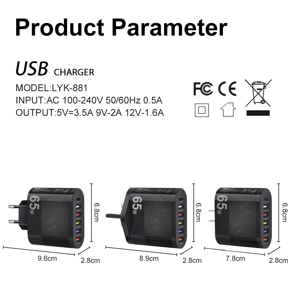 Charger Adapter Battery Charger Power Supply Adapter Fast Charger Battery Charger Adapter 65W 5 USB Type-C Fast Charging Charger For iPhone Xiaomi Samsung Huawei Google Quick Charge Phone Power Adapter Chargers