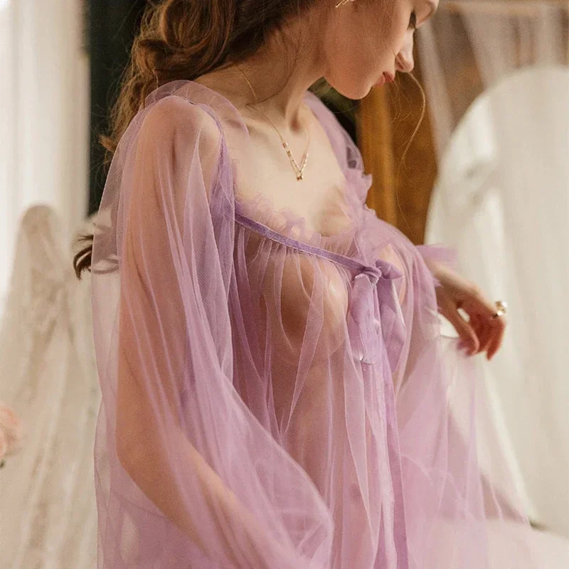 Pretty Sexy Yarn See Through Long Sleep Dress for Women Sexy Sleepwear Lace Nightgown Elegant Temptation Robe with Panty Suit