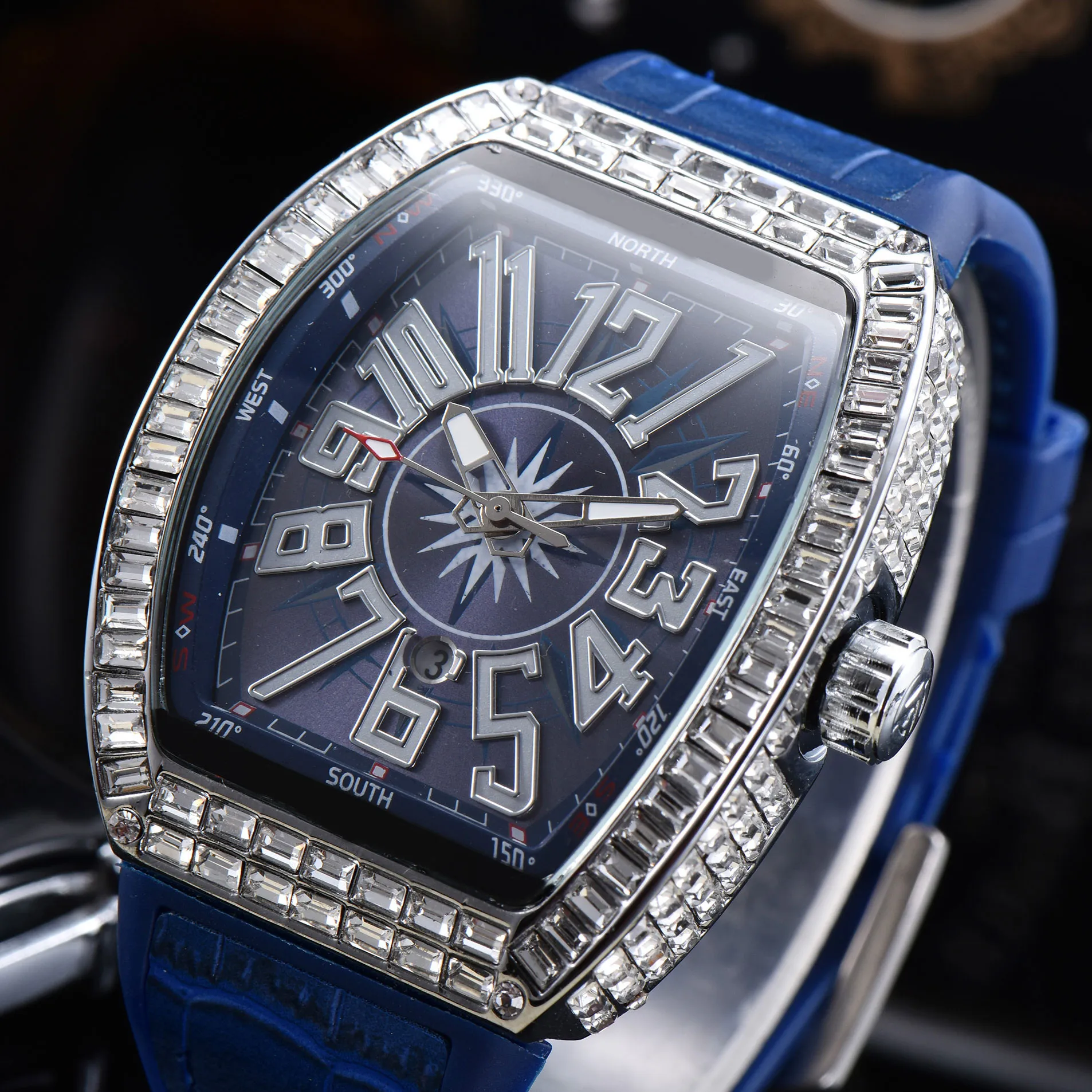 Wine barrel diamond watch Top FM brand Luxury leather men's quartz watch High quality men's gift clock