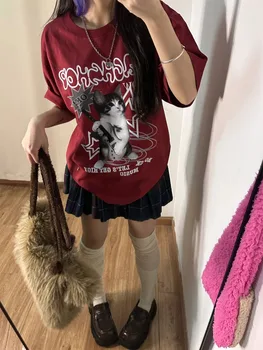 HOUZHOU Kawaii Cat Printed Red T-shirts Women Harajuku Oversized Punk Style Tops Cute Graphic Short Sleeve Tees Cotton Casual 1
