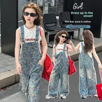 Girls Denim Overalls Summer New Style Wide Leg Plaid Casual Pants Children's Fashion Colorful Clothing Kids' Apparel Set