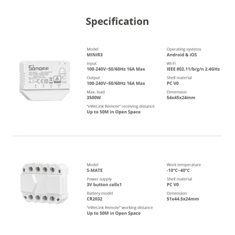 SONOFF MINI R3 16A Wifi Smart Switch REST API No Neutral Line S-MATE eWeLink-Remote Control via eWeLink Alexa Alice Google Home