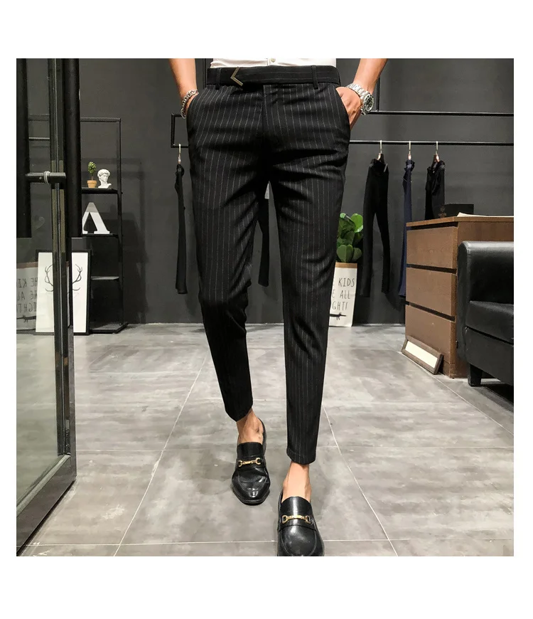 black blazer for men Style British Suit Pants Men Dress Pants Social Slim Fit Office Trousers Men Grey 2022 Spring New Striped Belt Trousers Men's casual blazer