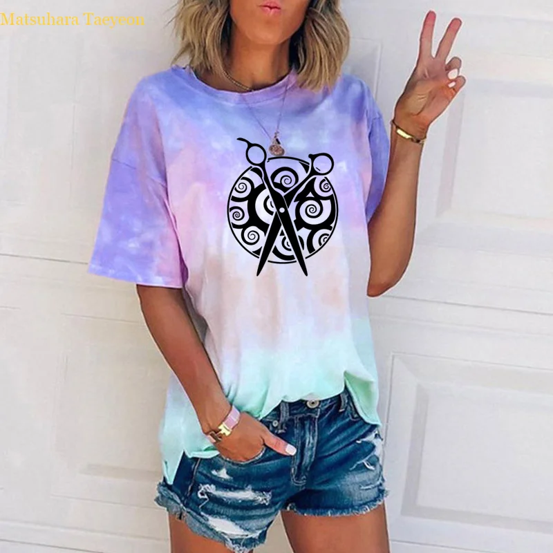 

Hairdressing Beauty Salon Print T Shirt Women Funny Tie Dye O-Neck Short Sleeve T Shirts Women Casual Korean Style Shirt Women
