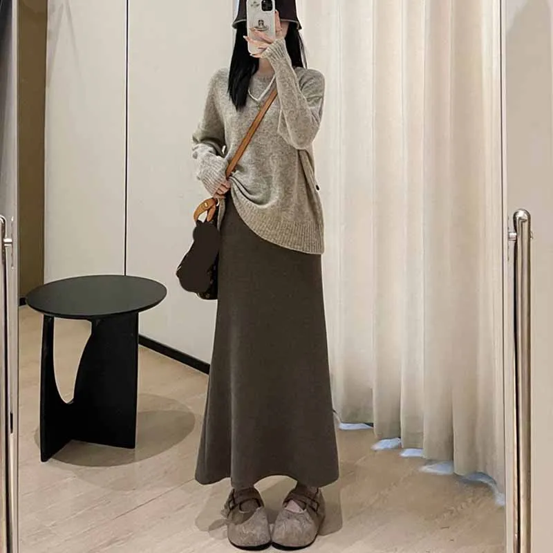 Elegante Hohe Taille Fischschwanz Rock für Frauen Herbst Winter Vintage Gestrickte Maxi Röcke Frau Koreanische Faul Stil Solide Lange Rock – Detail 7