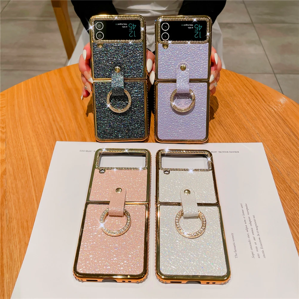 Luxury Bling Diamond Ring Placcatura In Oro Cover Per Samsung Galaxy Z Flip 4 Flip 5 Custodia In Pelle Glitterata Per Samsung Galaxy Z Flip 3