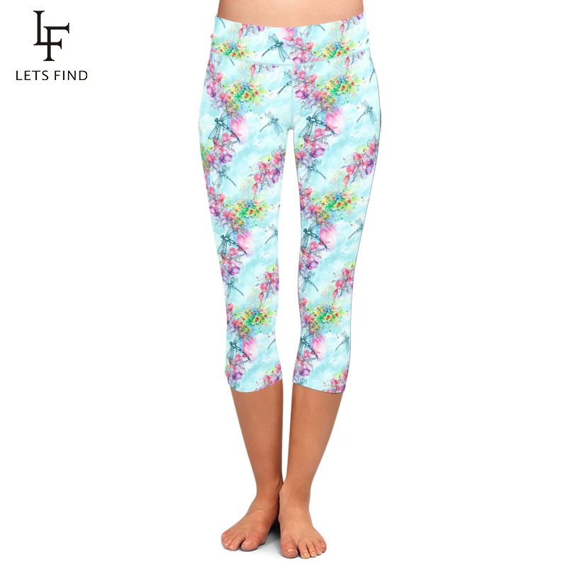 LETSFIND Women Leggings Dragonflies and Flowers Pattern Milk Silk Print Mid-Calf Pants High Waist Fitness Leggings